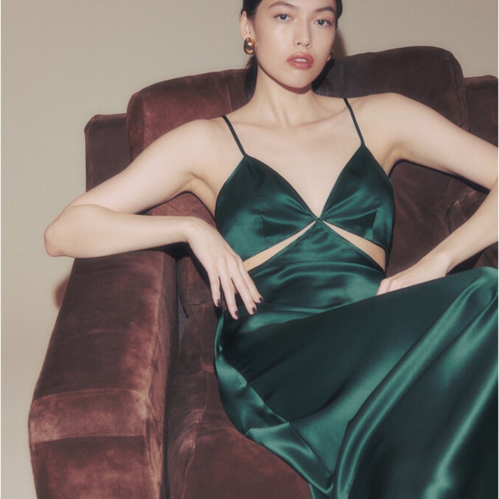 Never Worn- Reformation Poppies Silk Dress In Forest Green
